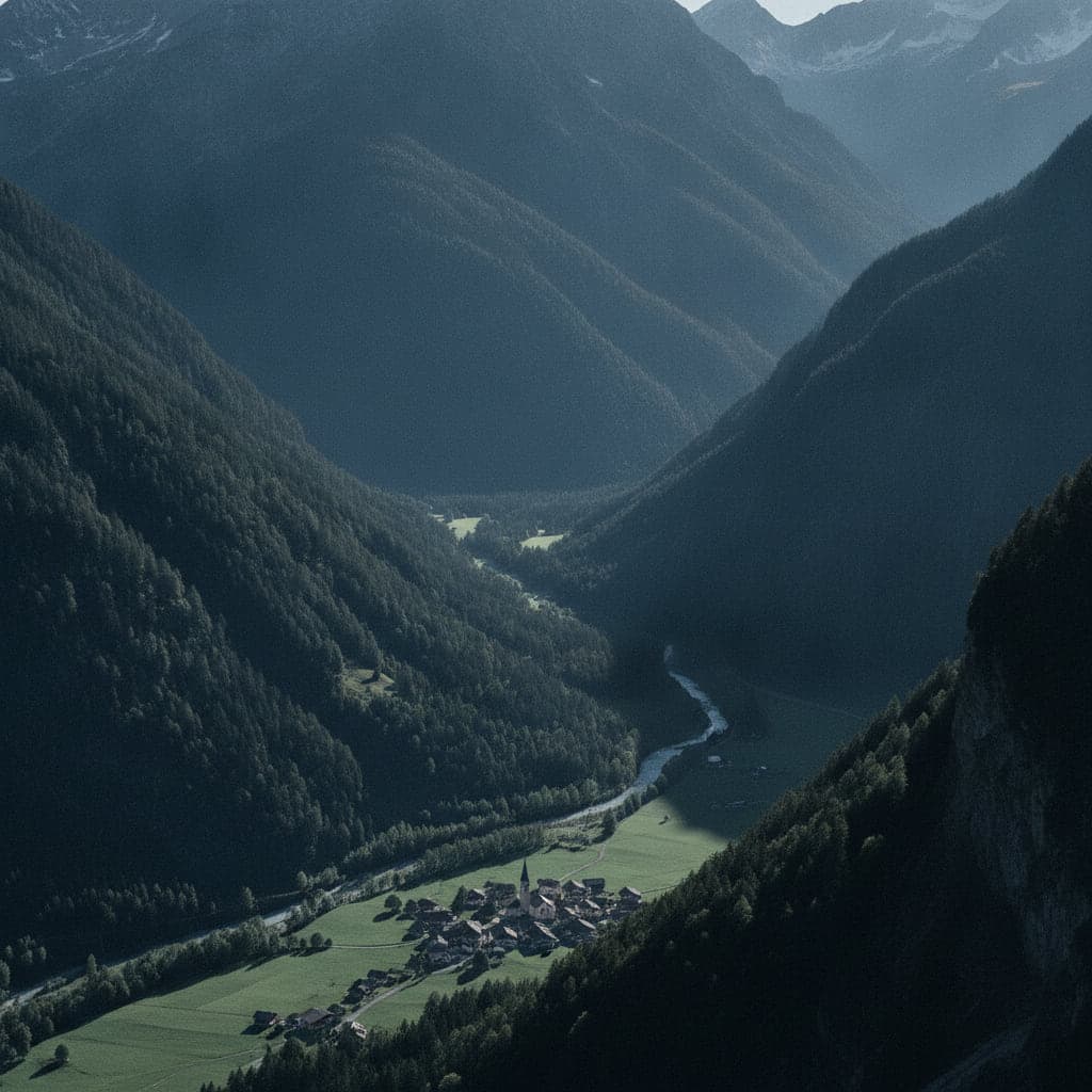 Blick von einer Bergflanke hinab auf ein Alpendorf mit Kirchturm zwischen Wiesen und Wald