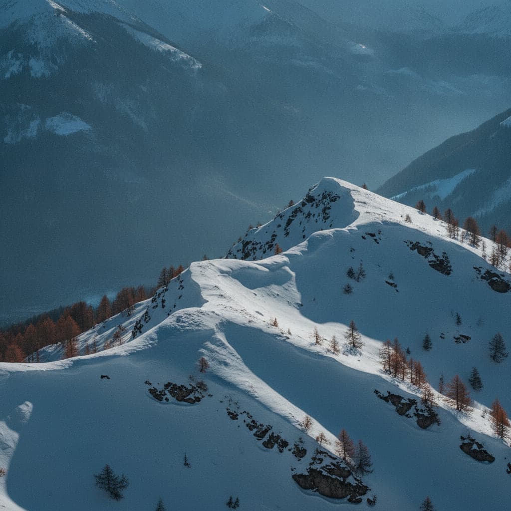 Verschneite Bergrücken im Winter, Wächten entlang des Grats, dunkle Felsbänder im Schnee